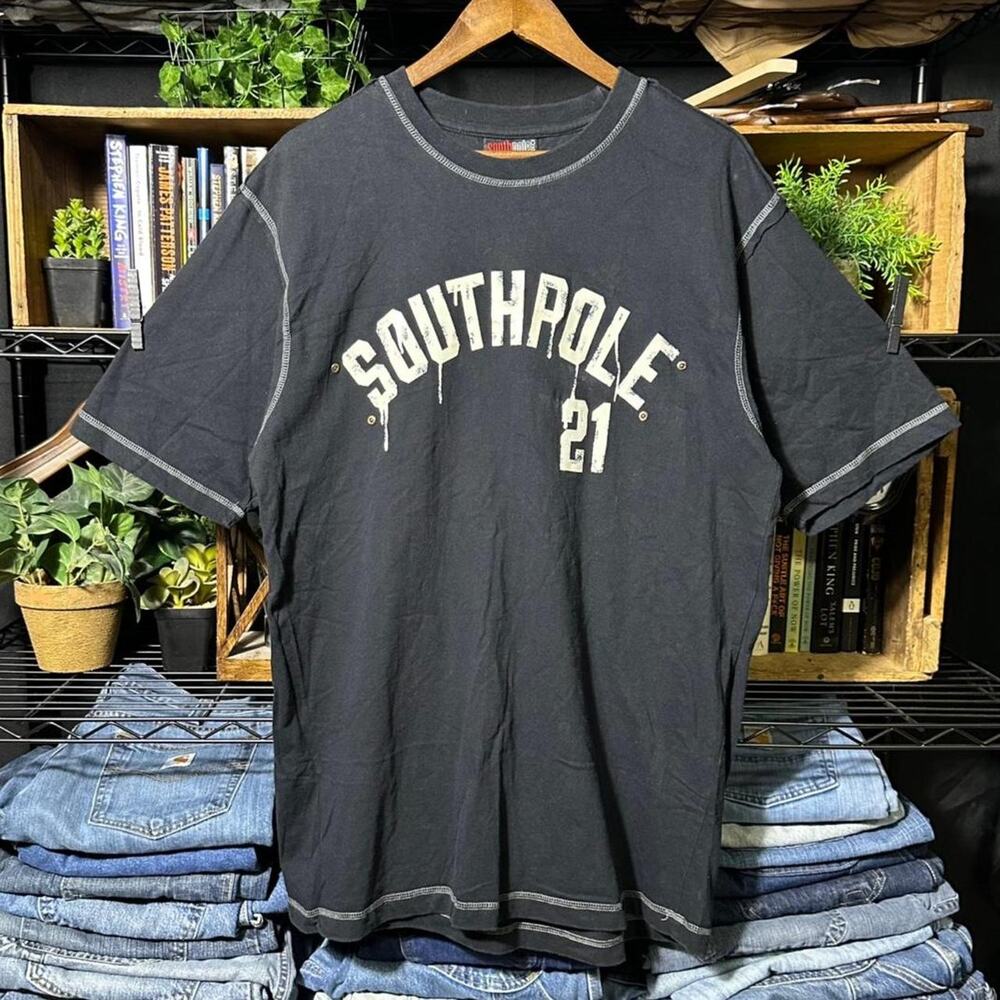 Vintage Y2K Southpole Spellout Tee Shirt Mens XL Black Studded Grunge Skater